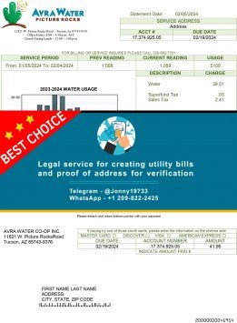Arizona Avra Water utility bill Sample Fake utility bill